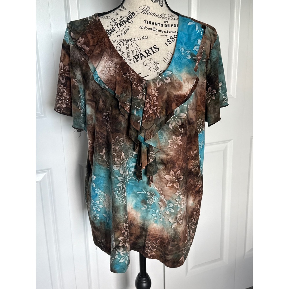 Dressbarn Women 1X Blouse Brown Turquoise Floral Y2K V-Neck Short Sleeve Top